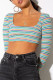 multicolor Square Collar Long Sleeve Striped Tops