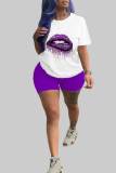purple Fashion Casual Sportswear Print O Neck Plus Size Two Pieces
