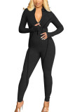 Black Fashion Casual Adult Solid Patchwork O Neck Skinny Jumpsuits