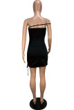 Black Polyester Fashion Sexy Off The Shoulder Sleeveless Wrapped chest Step Skirt Mini Draped Solid Patchw
