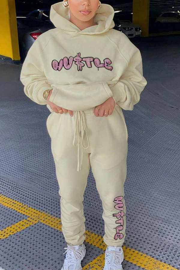 Beige Fashion Casual Letter Print Letter Hooded Collar Long Sleeve Two Pieces