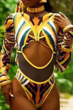 Yellow Sexy Print Split Joint Mesh Swimwears