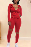 Red Fashion adult Ma'am Sweet Solid Burn-out Two Piece Suits pencil Long Sleeve Two Pieces