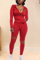 Red Polyester Fashion adult Ma'am Sweet Solid Burn-out Two Piece Suits pencil Long Sleeve Two Pieces