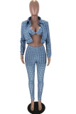 Blue Polyester OL Print Plaid Three-Piece Suits pencil Long Sleeve
