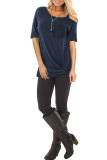 Navy Blue O Neck Short Sleeve HOLLOWED OUT Solid 