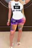 Blue Fashion Casual Print Tie Dye Burn-out Two Piece Suits pencil Short Sleeve Two Pieces