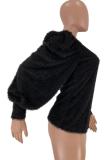 Black Polyester O Neck Long Sleeve Puff sleeve Patchwork asymmetrical Solid Long Sleeve Tops