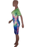 Blue Milk. Fashion Sexy Red Blue Yellow Cap Sleeve Short Sleeves V Neck Straight Knee-Length Print Tie and dye Dresses