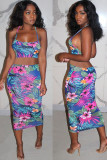 Green Fashion Lightly cooked Floral Print Two Piece Suits pencil Sleeveless Two Pieces