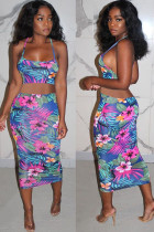 Blue Polyester Fashion Lightly cooked Floral Print Two Piece Suits pencil Sleeveless Two Pieces