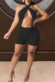 Yellow Sexy Solid Hollowed Out Backless Strap Design Halter Skinny Romper