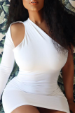 White Sexy Solid Hollowed Out One Shoulder Wrapped Skirt Dresses