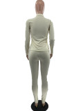 White Fashion Sexy Polyester Solid Zipper Collar Long Sleeve Regular Sleeve Regular Two Pieces