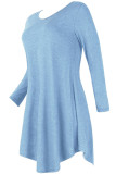 Light Blue Cotton Sexy Cap Sleeve Long Sleeves V Neck Swagger Knee-Length Patchwork Solid