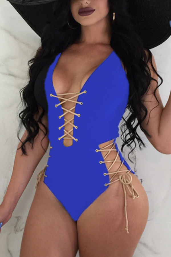 Blue Sexy Solid Frenulum Swimwears