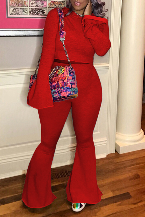 Red Sexy Solid Patchwork O Neck Long Sleeve Two Pieces