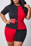 Black and red Polyester Fashion Casual adult Ma'am O Neck Patchwork Solid contrast color Two Piece Suits Stitching Plus Size