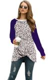 purple Polyester O Neck Long Sleeve Print Leopard asymmetrical Tees & T-shirts
