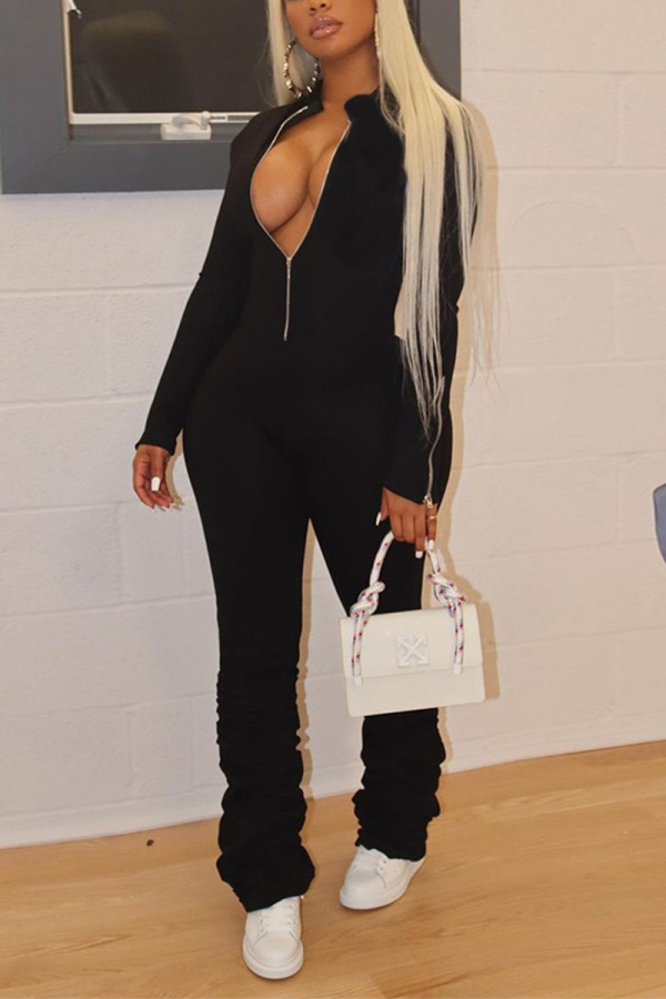 Black Sexy Solid Patchwork Zipper Collar Skinny Jumpsuits