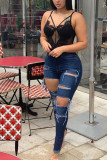Dark Blue Denim Zipper Fly Mid Hole washing pencil Pants Bottoms