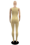 Khaki Fashion Sexy Solid Hollowed Out Backless U Neck Skinny Jumpsuits
