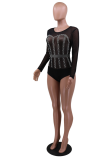 Red Sexy Solid Pearl O Neck Skinny Bodysuits