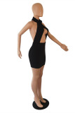 Black Fashion Sexy Solid Hollowed Out Backless Halter Sleeveless Dress