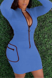Blue Sexy Zipper Split Joint O Neck Pencil Skirt Dresses