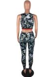 Camouflage Polyester Fashion Casual crop top Slim fit Two Piece Suits Camouflage Skinny Two-piece Pants Set