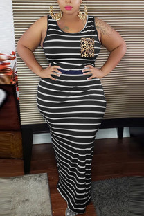 Black Polyester Fashion Sexy adult Ma'am O Neck Striped Stripe Plus Size