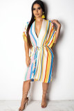 White Polyester Sexy Fashion Cap Sleeve Short Sleeves V Neck A-Line Knee-Length Print Striped Patchwork as