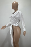 White Casual Solid Bandage Turndown Collar Tops
