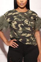 Army Green Navy Army Green Polyester O Neck Short Sleeve Patchwork Print Mesh Camouflage Tops
