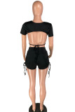 Black venetian Fashion Sexy Solid backless Two Piece Suits pencil Short Sleeve Two Pieces