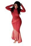 Wine Red Polyester Street Fashion adult Cap Sleeve Long Sleeves Mandarin Collar Asymmetrical Floor-Length Pat