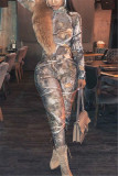 Multicolor Fashion Sexy Print See-through O Neck Long Sleeve Two Pieces