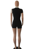 Black And White Fashion Casual Patchwork Zipper Turtleneck Skinny Romper