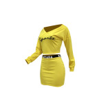 Yellow Casual Long Sleeves One word collar Hip skirt skirt Two Piece Dresses