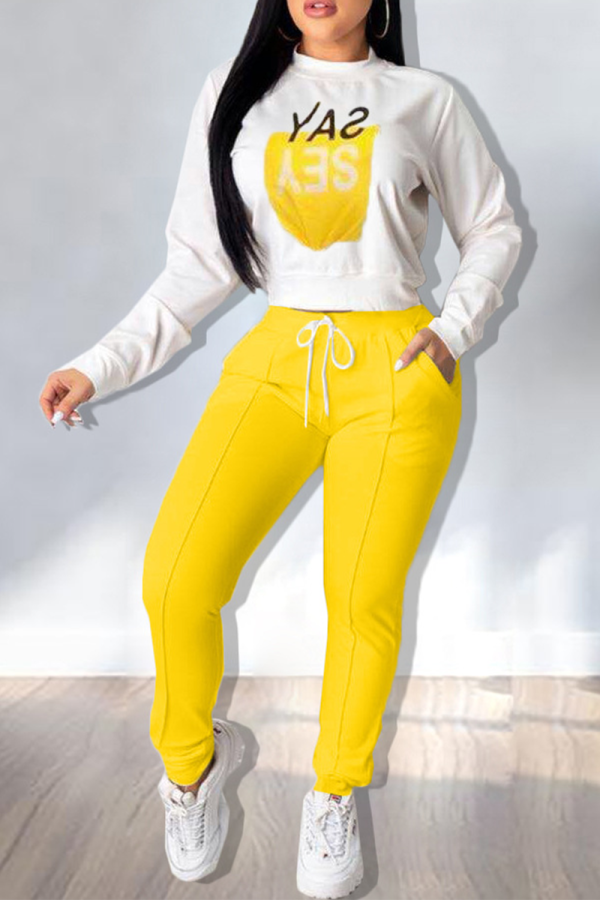 Yellow Casual Print Letter O Neck Long Sleeve Two Pieces