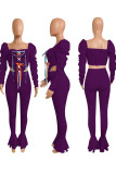 purple Street Solid Bandage Square Collar Long Sleeve Two Pieces