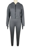 Dark Gray Fashion Sexy Adult Polyester Patchwork Solid Tassel Split Joint Hooded Collar Long Sleeve Regular Sleeve Short Two Pieces