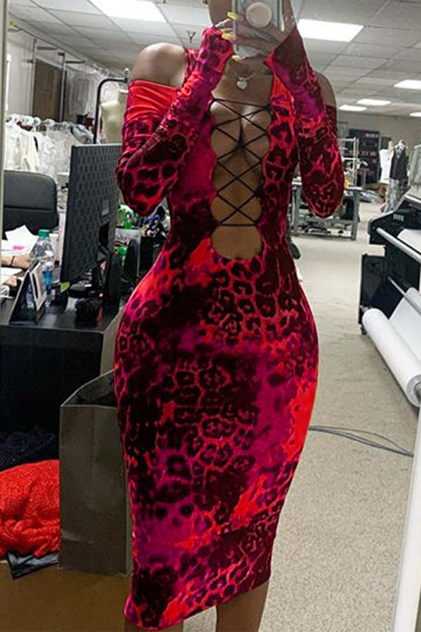 Red Sexy Leopard Bandage Bateau Neck Dresses