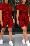 Red Living Print O Neck Long Sleeve Two Pieces