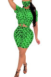 Green Polyester Fashion adult OL Patchwork Print Two Piece Suits pencil Short Sleeve Two Pieces