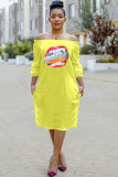 Fluorescent Yellow Casual Off The Shoulder Long Sleeves One word collar Swagger Knee-Length Patchwork Print