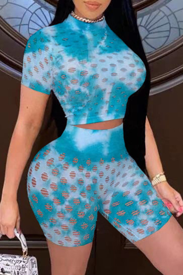 Cyan Fashion Sexy Print Tie Dye Hollowed Out See-through Half A Turtleneck Short Sleeve Two Pieces