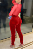 Red Fashion Sexy Patchwork Solid See-through O Neck Skinny Jumpsuits