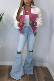 Pink Fashion Casual Patchwork Cardigan Turndown Collar Outerwear