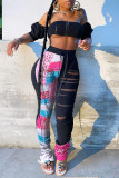 Black Fashion Casual Patchwork Print Ripped Regular High Waist Trousers